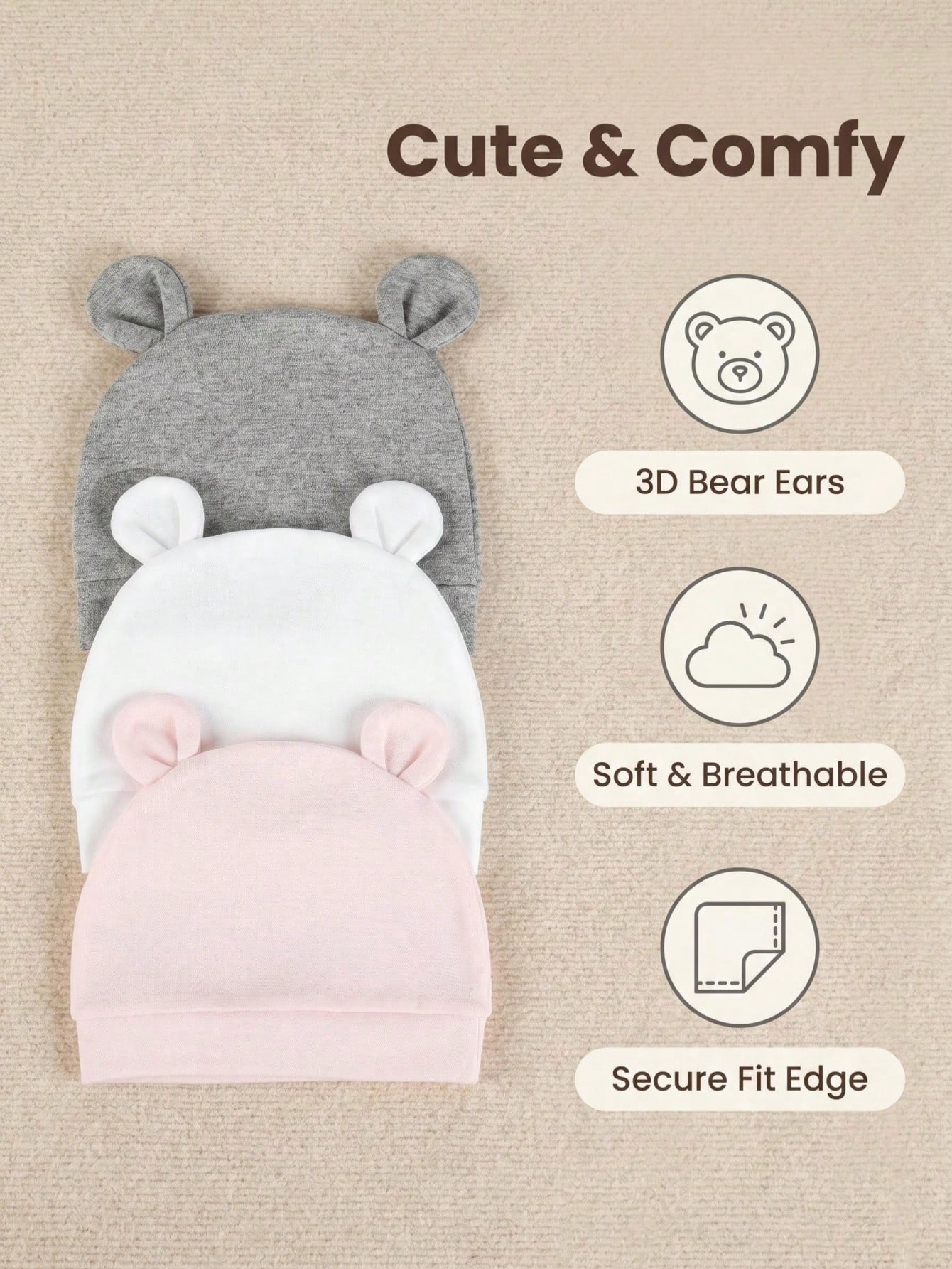 3-Pack Newborn Solid Color Sin - огляд і ціна Infant Beanie Hat With Ears
